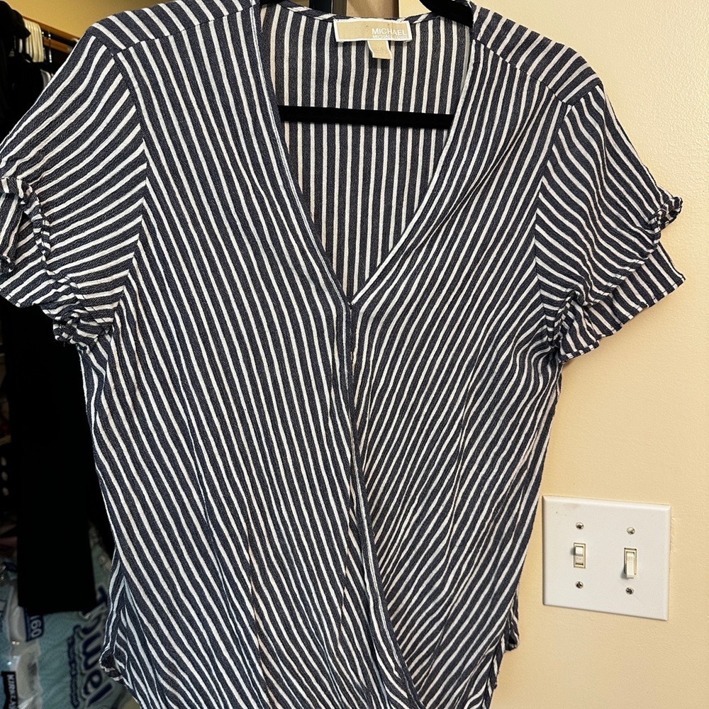 Michael Kors Blue and White Flutter Sleeve Wrap Blouse